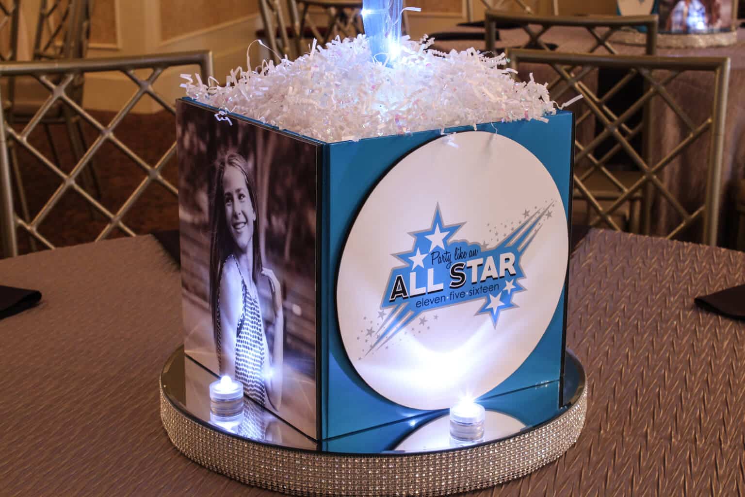 Star Themed Photo Cube Centerpiece with Custom Logo, Photos and Bling Bases