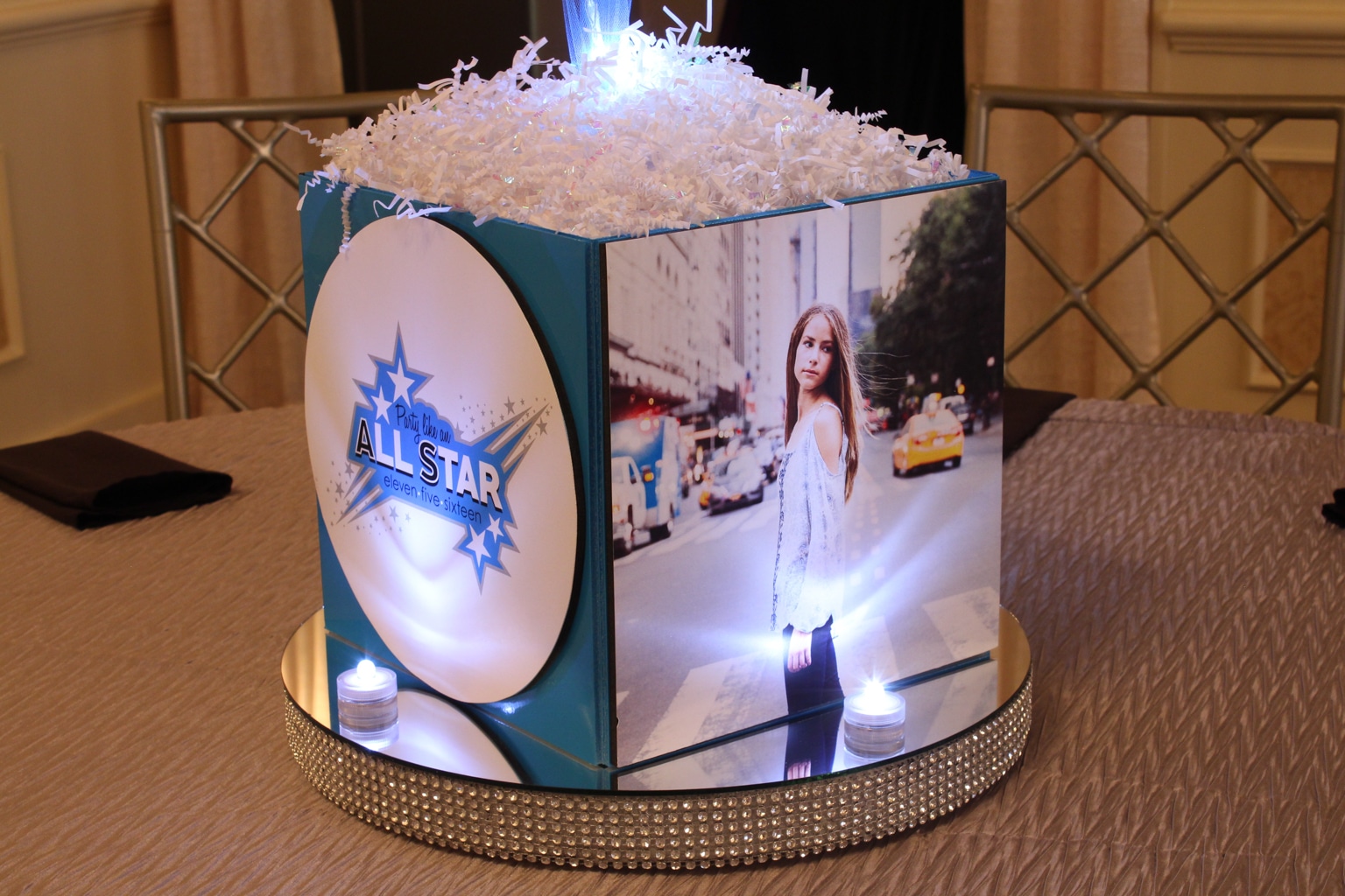 Star Themed Photo Cube Centerpiece with Custom Logo, Photos and Bling Bases