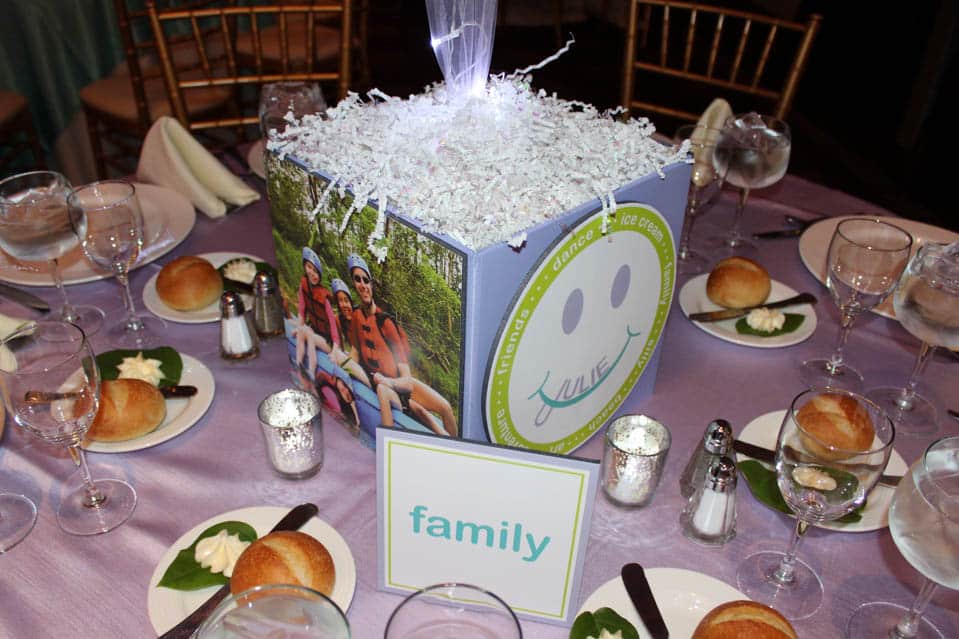 Photo Cube Bat Mitzvah Centerpiece with Themed Logo, Photos and Custom Table Sign