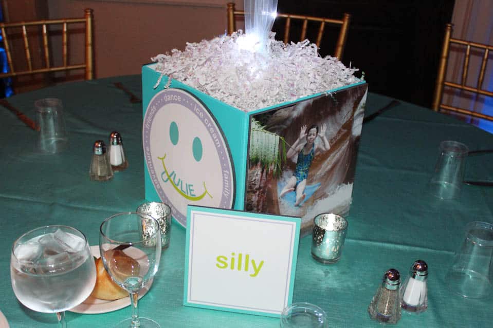 Photo Cube Centerpiece with Themed Logo, Photos and Custom Table Sign
