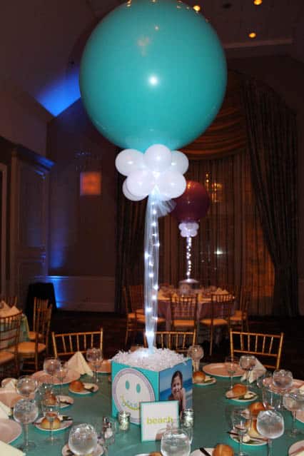 Photo Cube Centerpiece with Themed Logo, Photos and Custom Table Sign