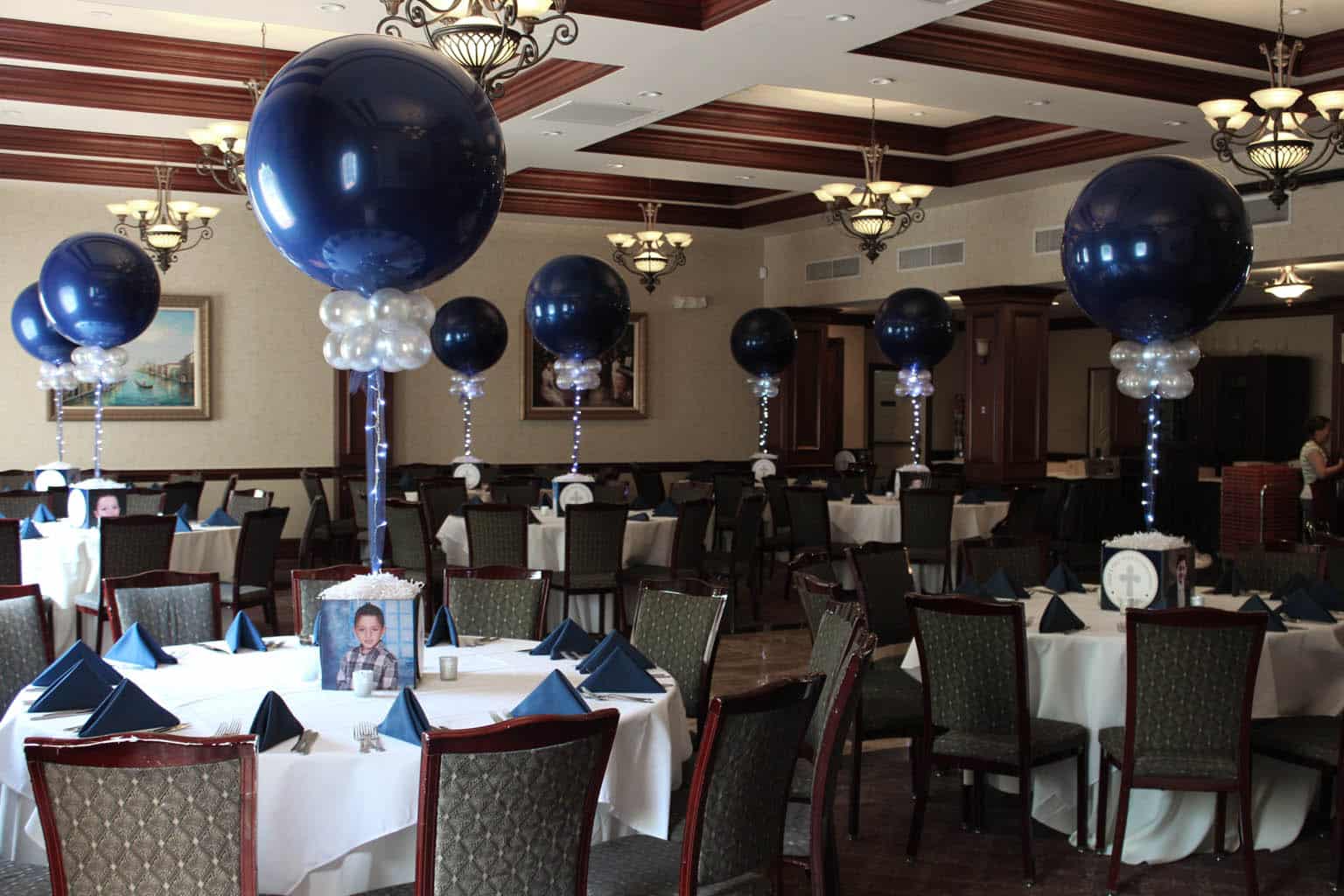 Communion Photo Cube Centerpieces with Navy and Silver Balloons