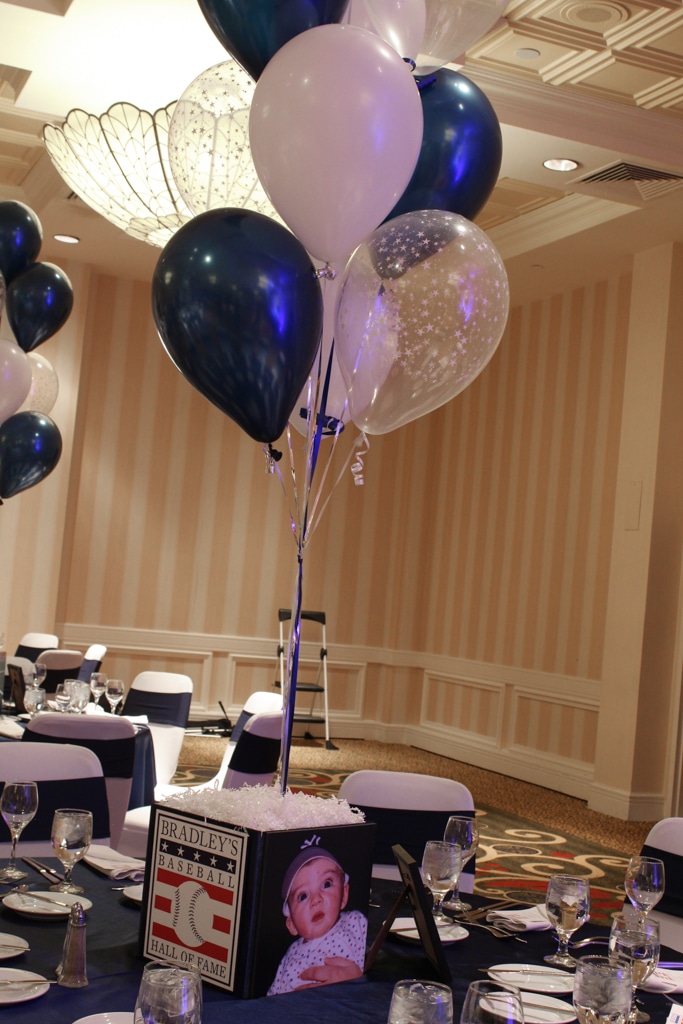 Baseball Photo Cube Centerpiece with Custom Logo and Balloons