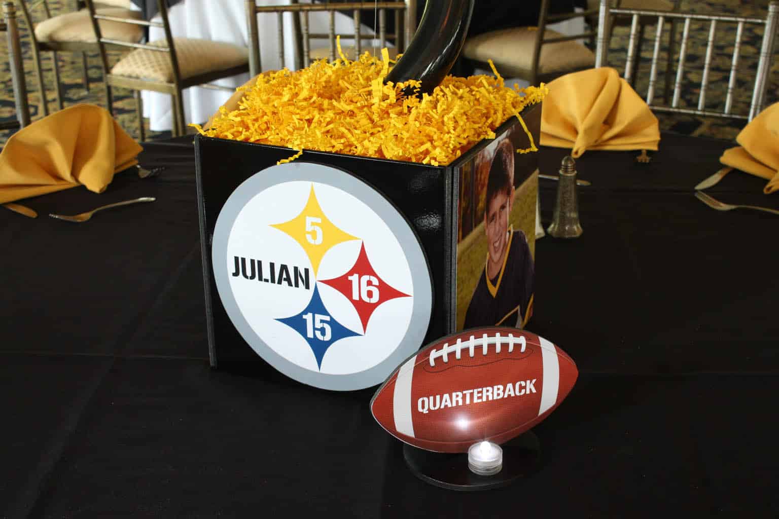 Football Themed Bar Mitzvah Centerpiece with Photos and Custom Steelers Logo