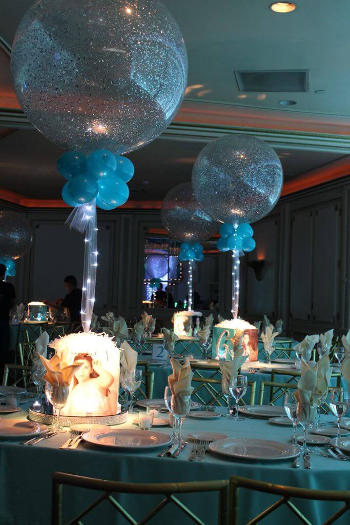 Bat Mitzvah Photo Cube Centerpieces with Glittered Initial, Photos and 36" Sparkle Balloons
