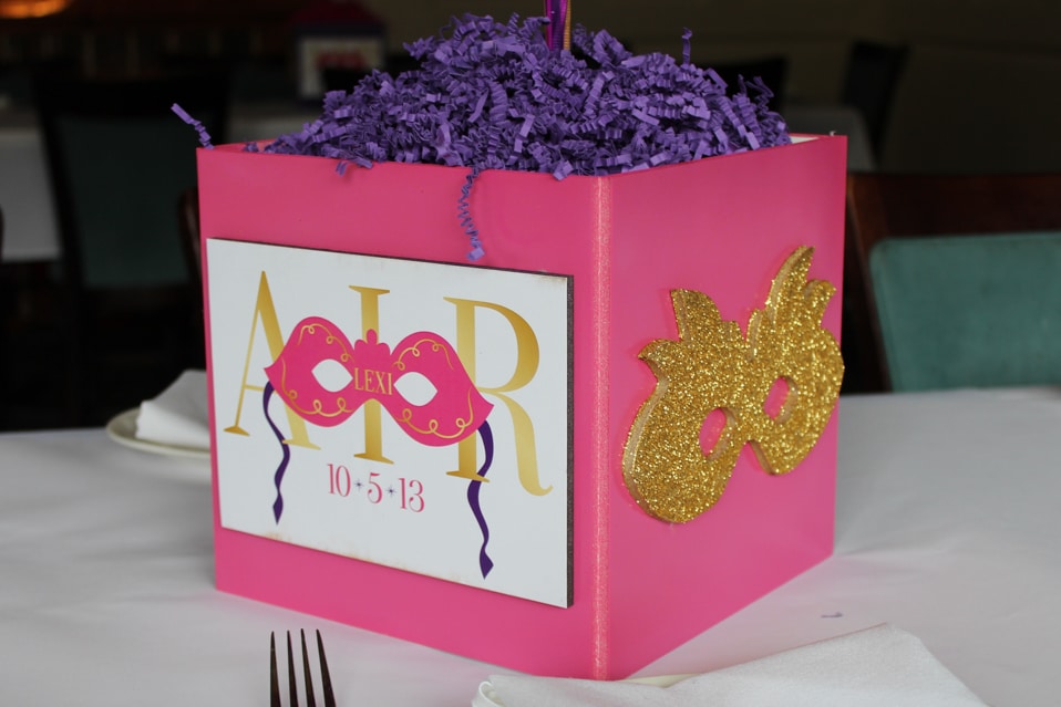 Masquerade Themed Bat Mitzvah Centerpiece with Glittered Masks