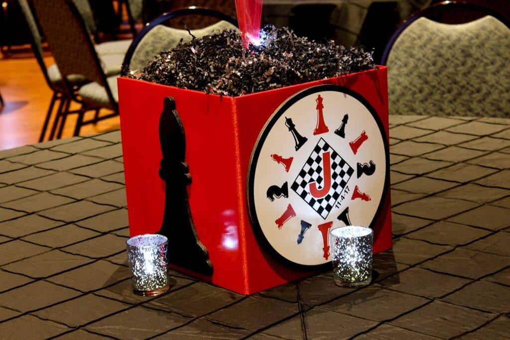 Chess Themed Bar Mitzvah Photo Cube with Custom Logo and Chess Pieces