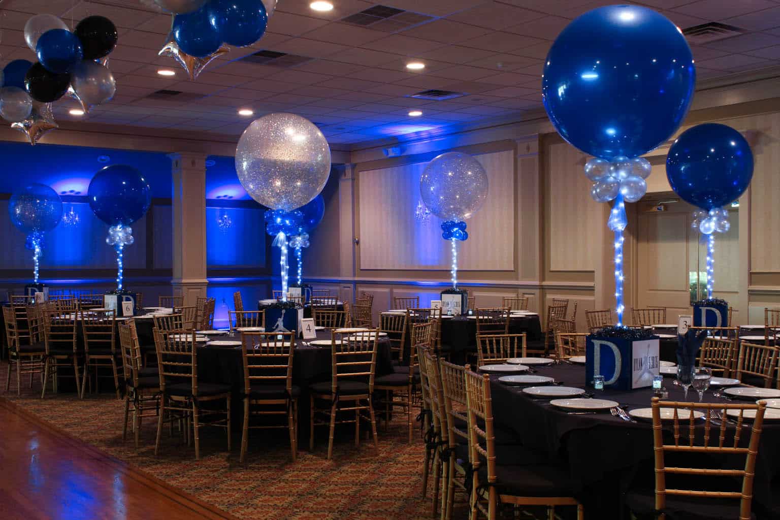 Bar Mitzvah Cube Centerpieces with Custom Logo, Sparkly Initial and Alternating Solid and Sparkle Balloons