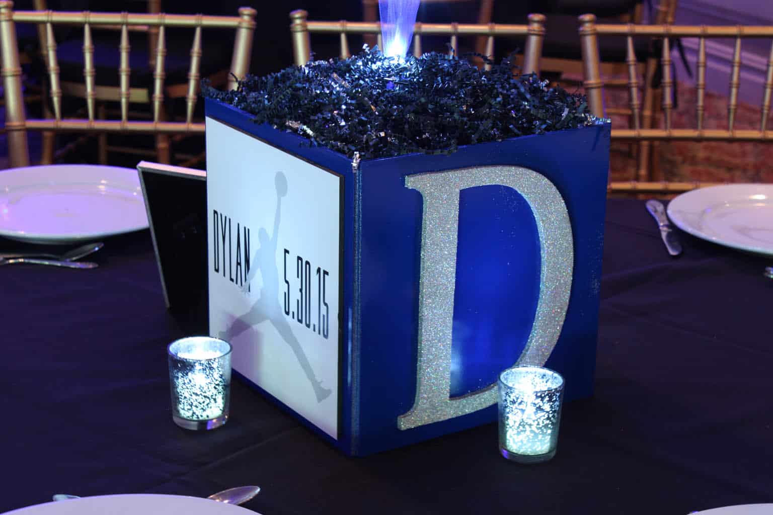 Bar Mitzvah Cube Centerpiece with Custom Logo, Initial and LED Votives