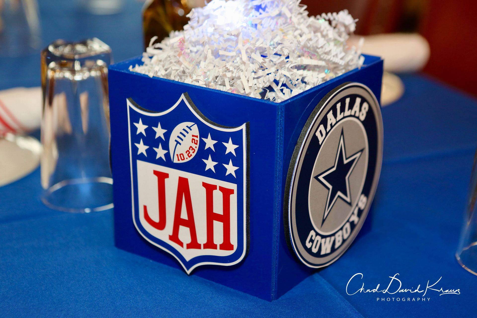 Custom Football Theme Logo Cube with Team Logo for Bar Mitzvah Centerpiece