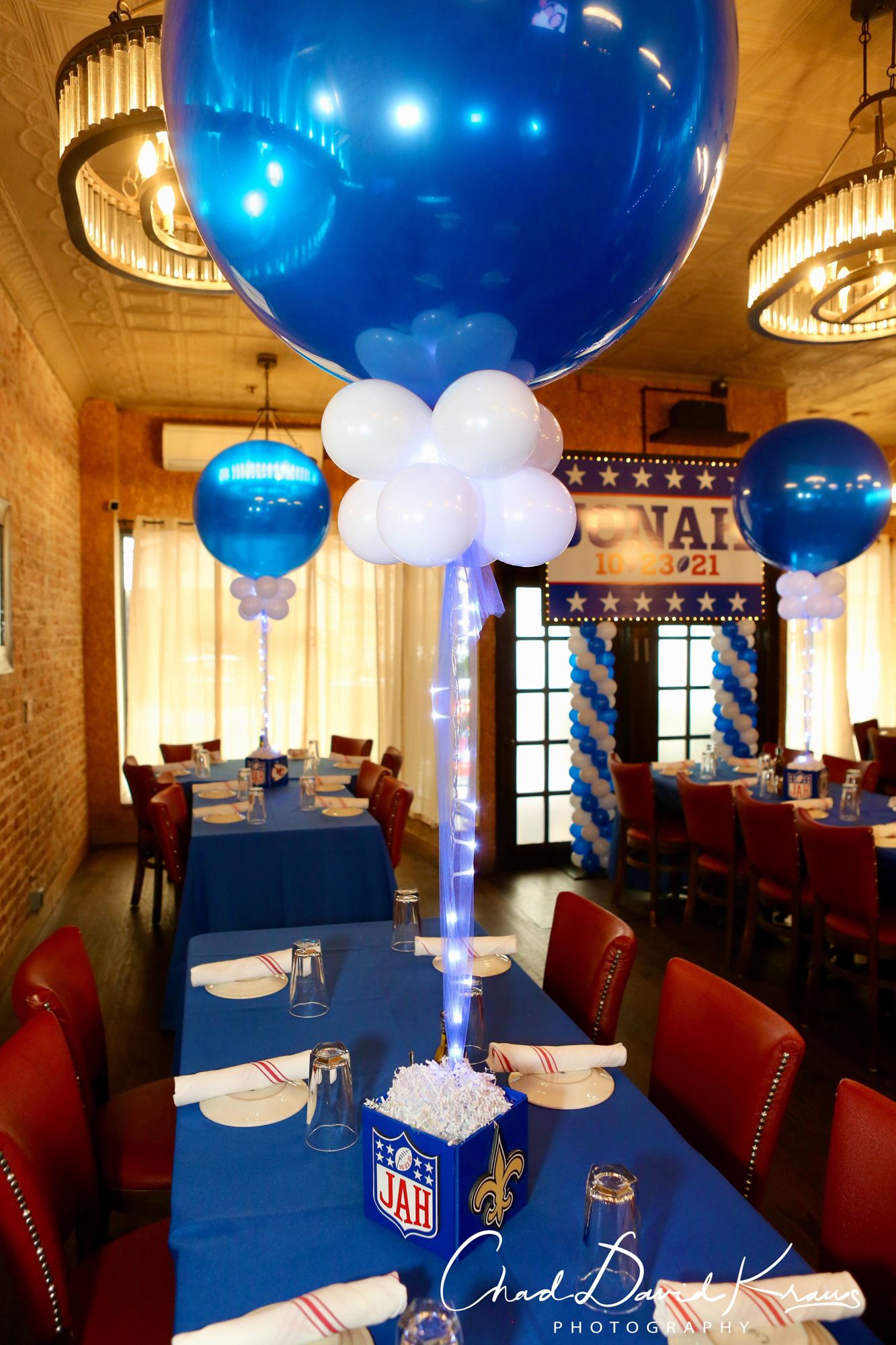Football Theme Logo Cube with Team Logo and LED Balloon Centerpiece