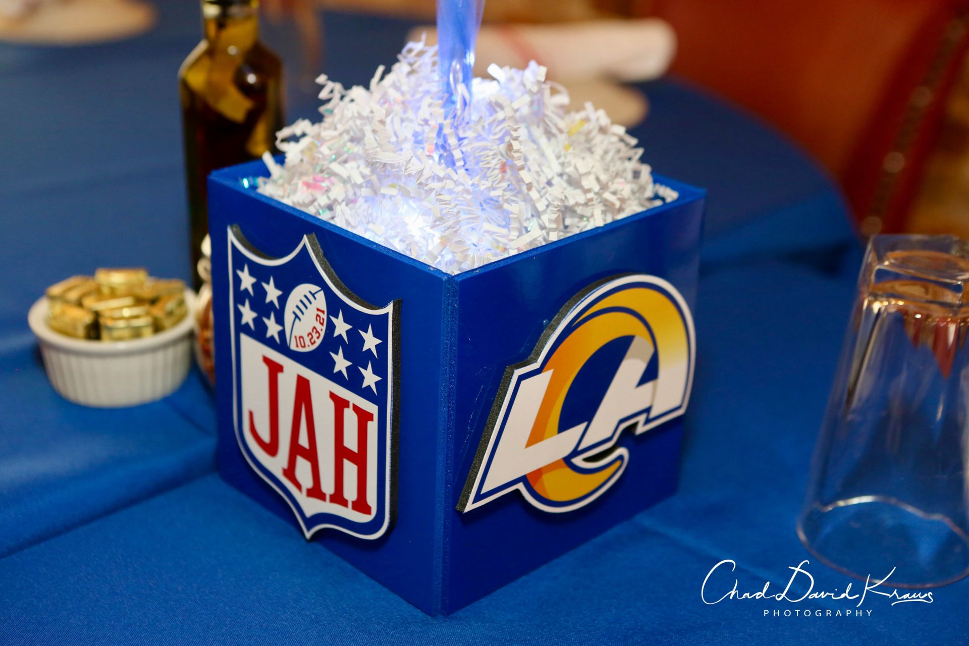 Custom Football Theme Logo Cube with Team Logo for Bar Mitzvah Centerpiece