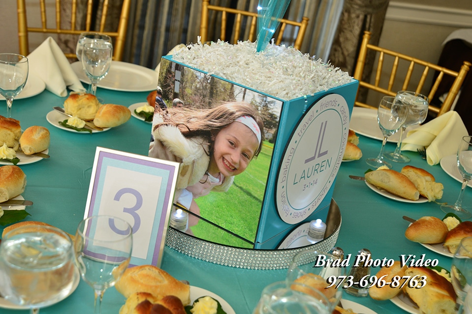 Photo Cube Centerpiece with Custom Logo and Photos on Bling Base