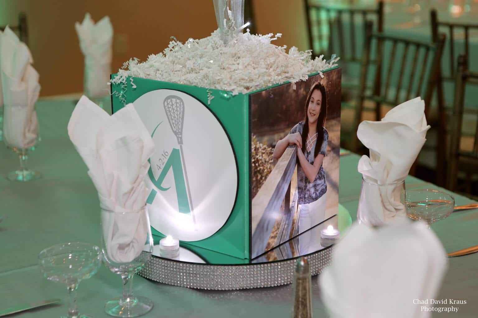 Lacrosse Themed Photo Cube with Custom Logo and Bling Base