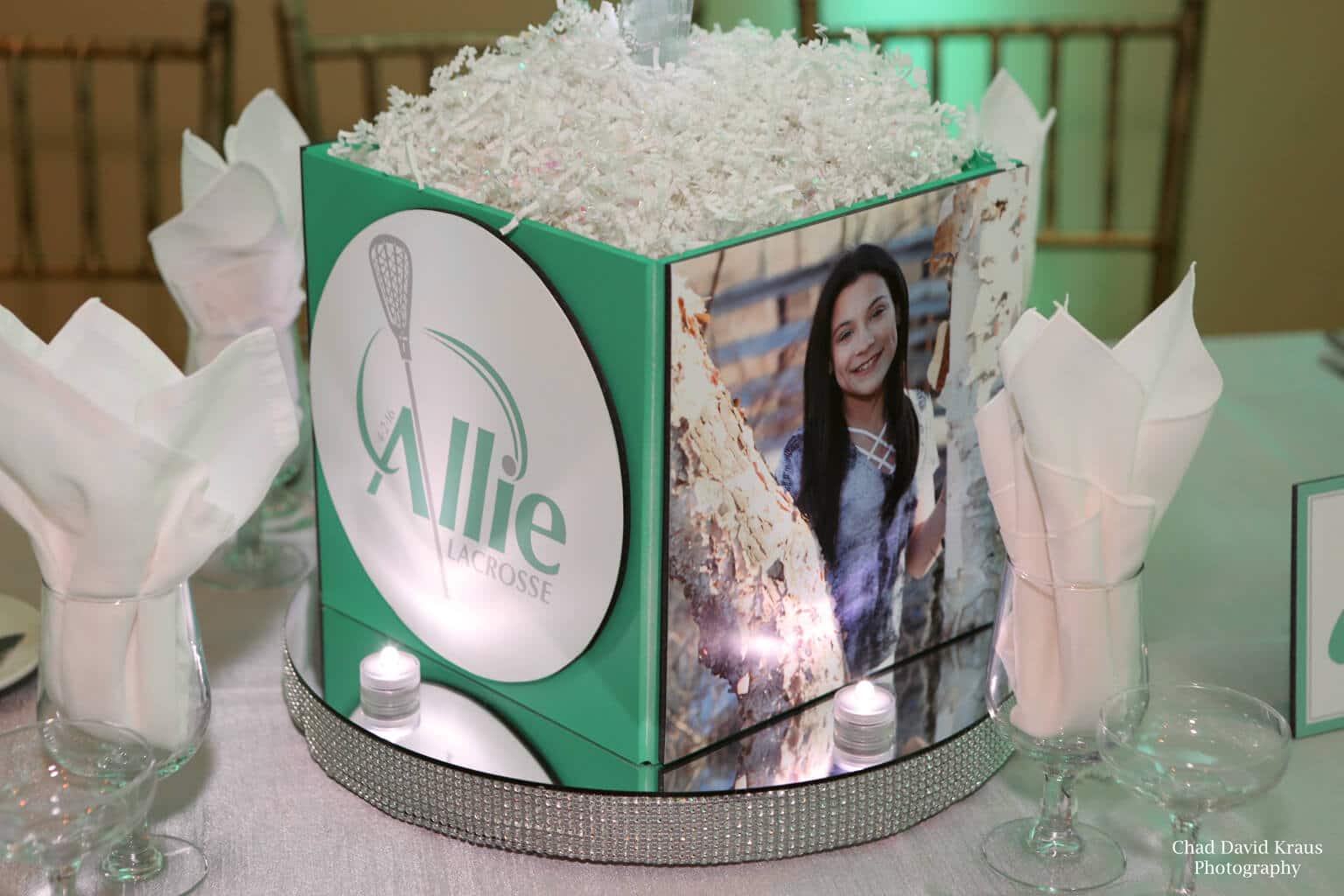 Lacrosse Themed Photo Cube with Custom Logo and Bling Base