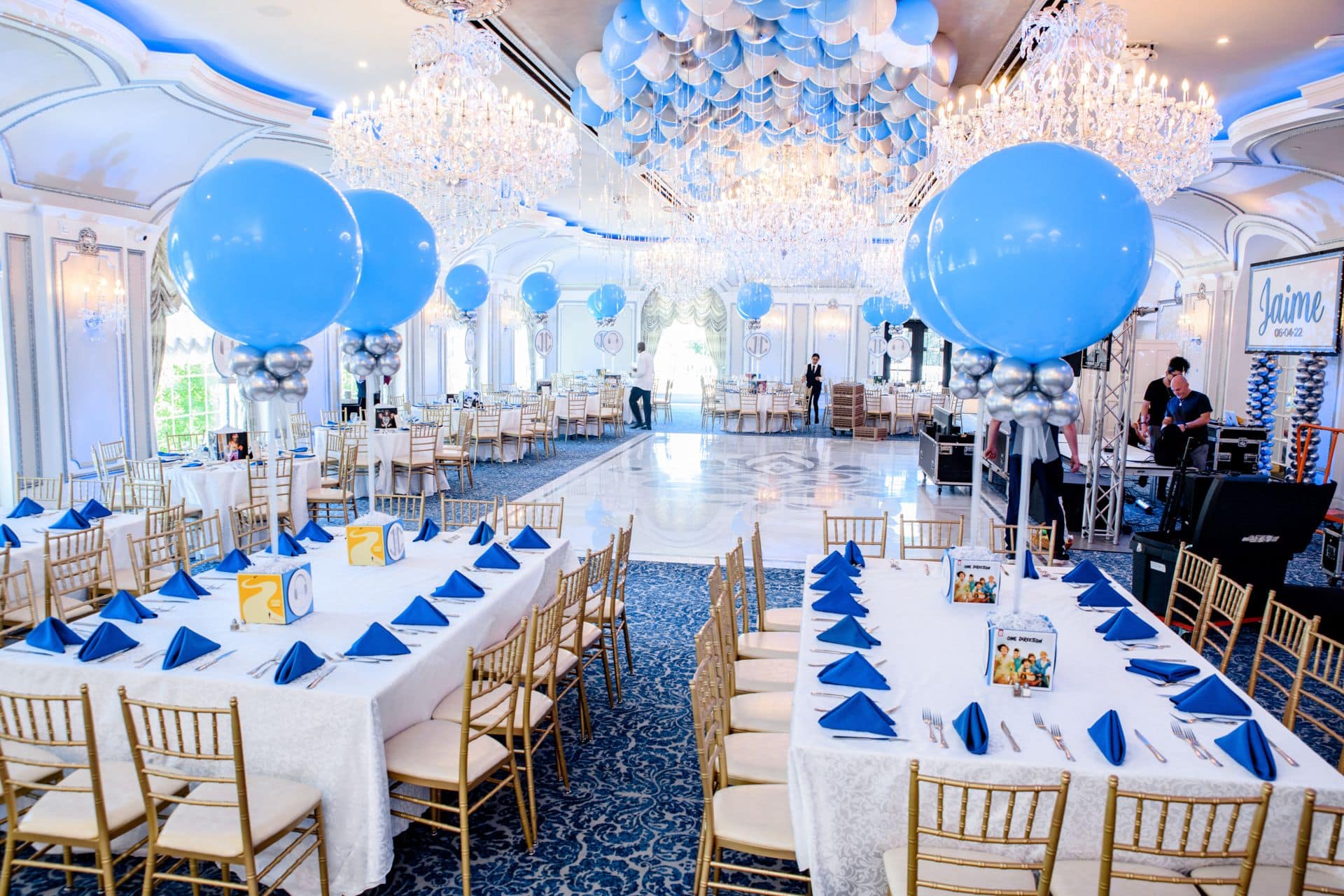 Pale Blue and Silver Balloon Centerpieces with Custom Cube Bases for Music Themed Bat Mitzvah at Meadowwood Manor