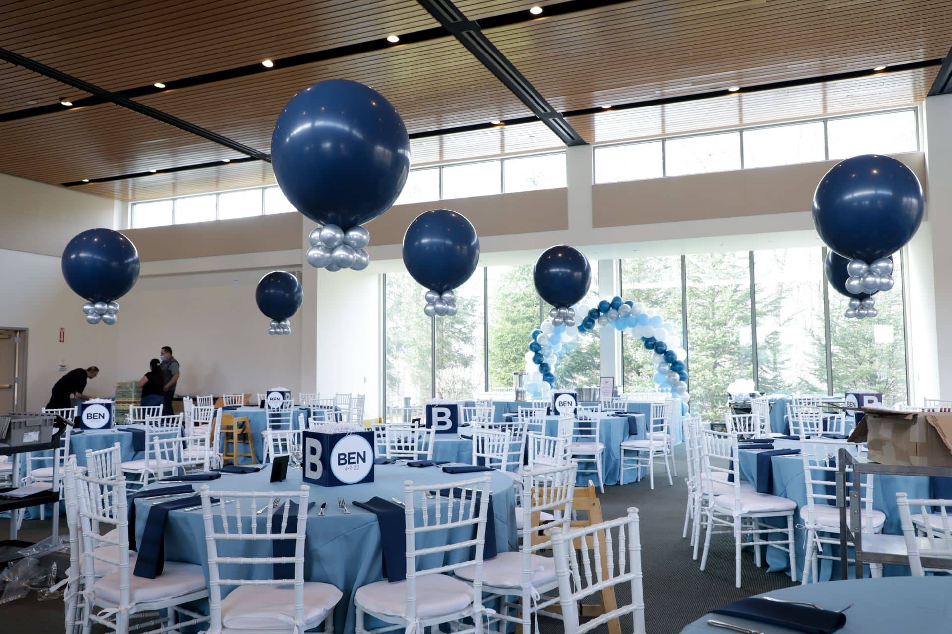 Navy and Silver Balloon Centerpieces with Custom Logo Cube at Temple Beth El, Chappaqua