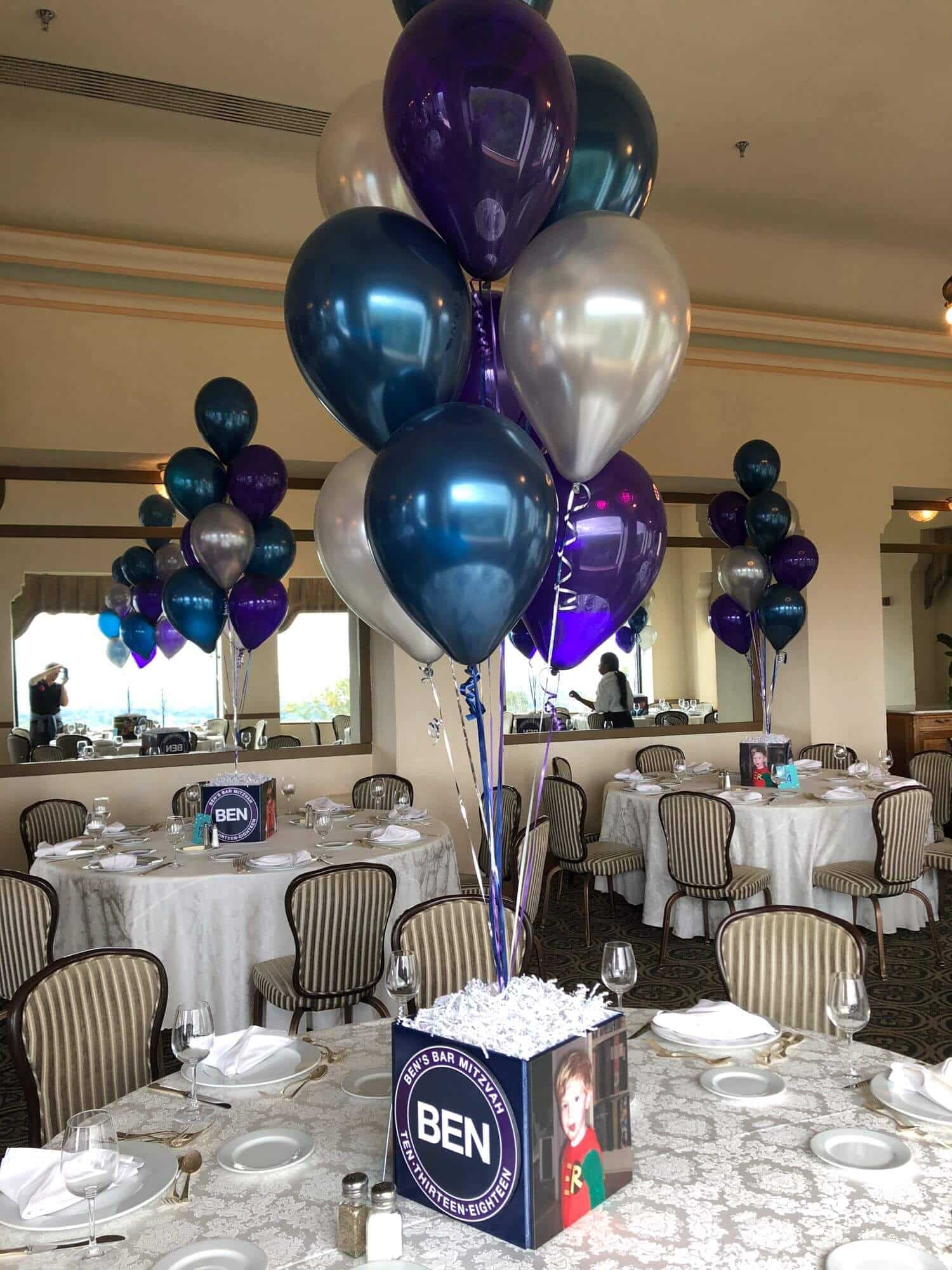 Bar Mitzvah Photo Cube Centerpiece with Custom Logo and Balloons
