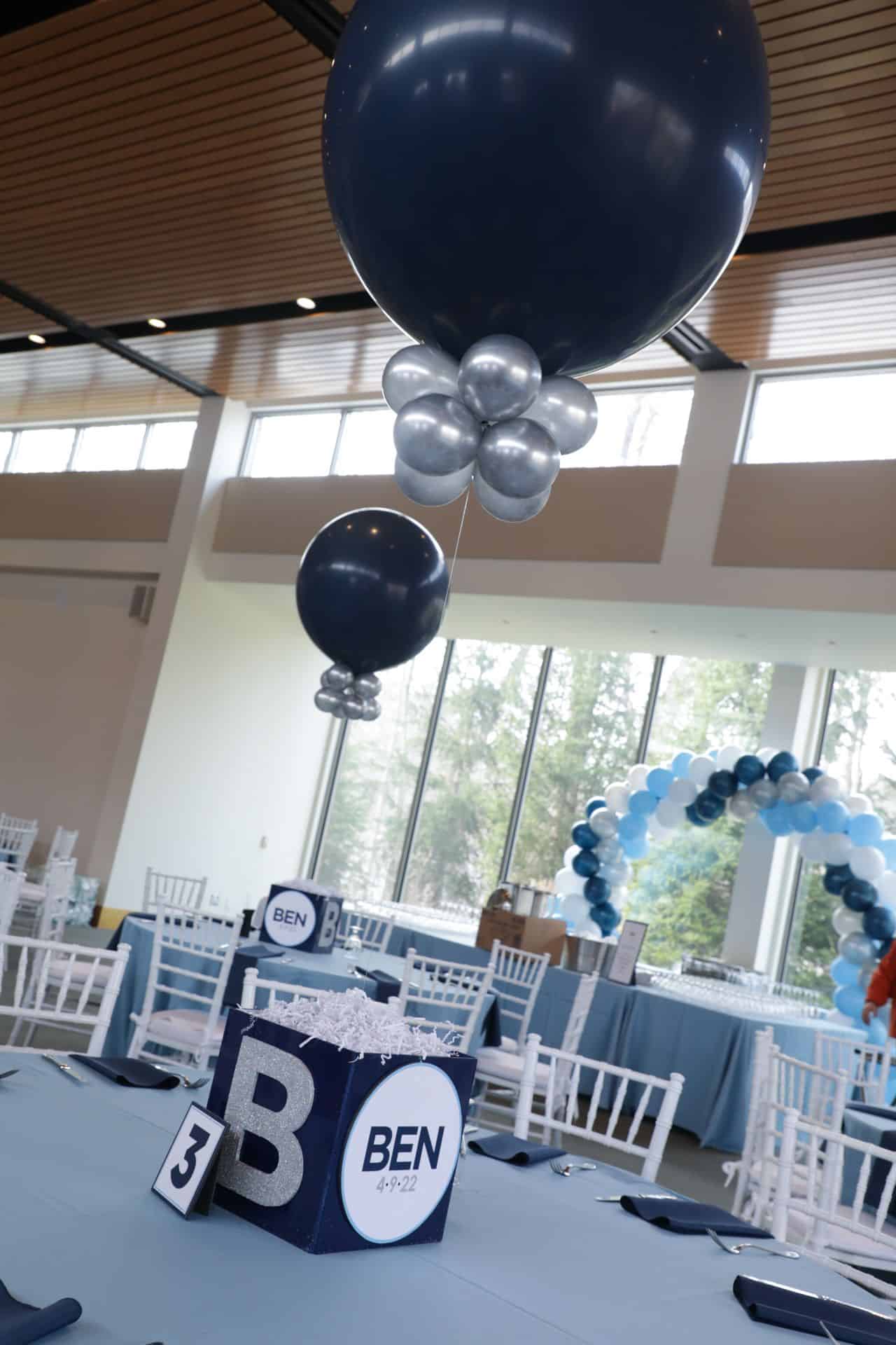Navy and Silver Balloon Centerpieces with Custom Logo Cube at Temple Beth El, Chappaqua