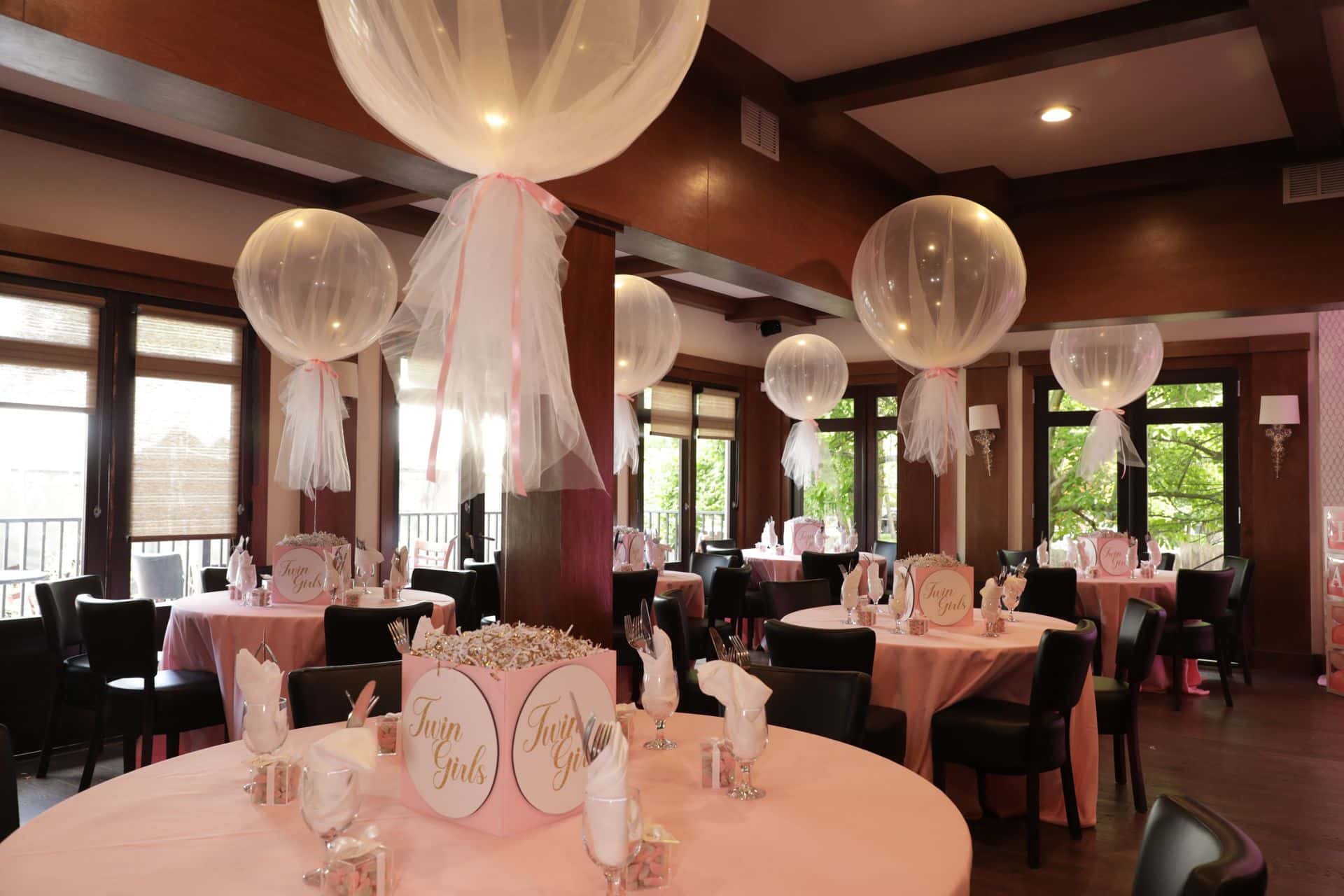 Twin Baby Shower Photo Cube with Tulle Wrapped Balloons