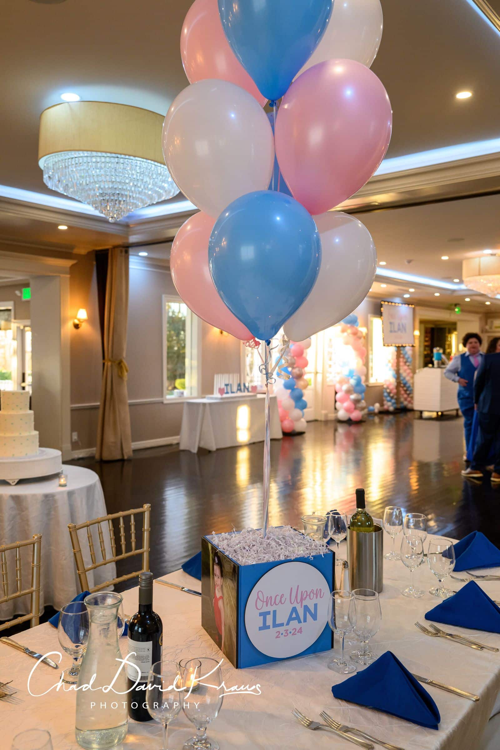 Pink and Blue Balloon Bouquet Centerpiece with Custom Logo and Photo Cubes