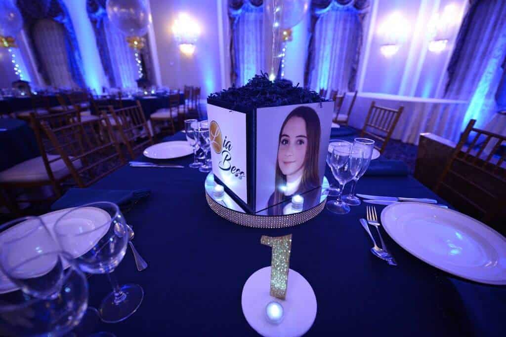 Custom Photo Cube Centerpiece with Logo and LED Bling Base