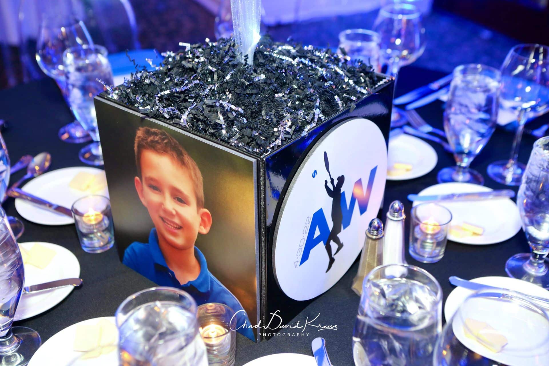 Custom Logo and Photo Cube Centerpiece for Tennis Themed Bar MItzvah