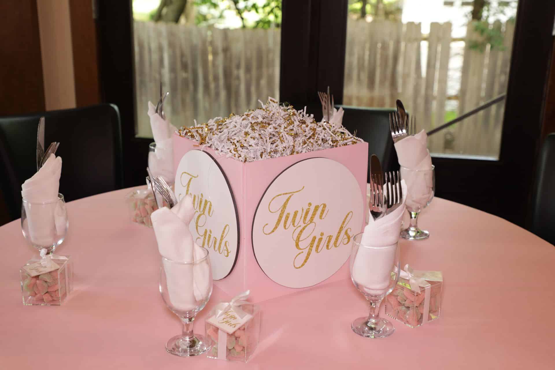 Photo Cubes for a Twin Girl Baby Shower with Tulle Wrapped Balloons