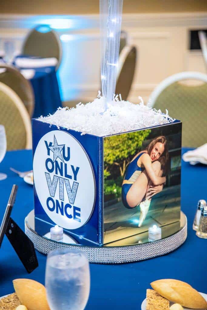 Bat Mitzvah Photo Cube Centerpiece with custom Logo and Photos on LED Bling Base