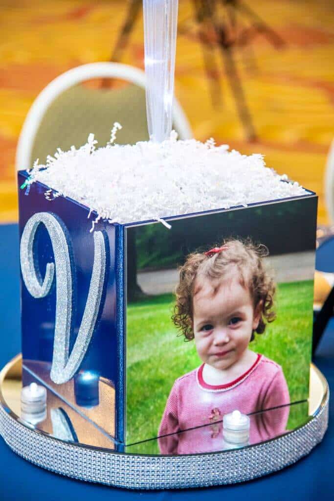 Bat Mitzvah Photo Cube Centerpiece with Glittered Initial and Photos on LED Bling Base