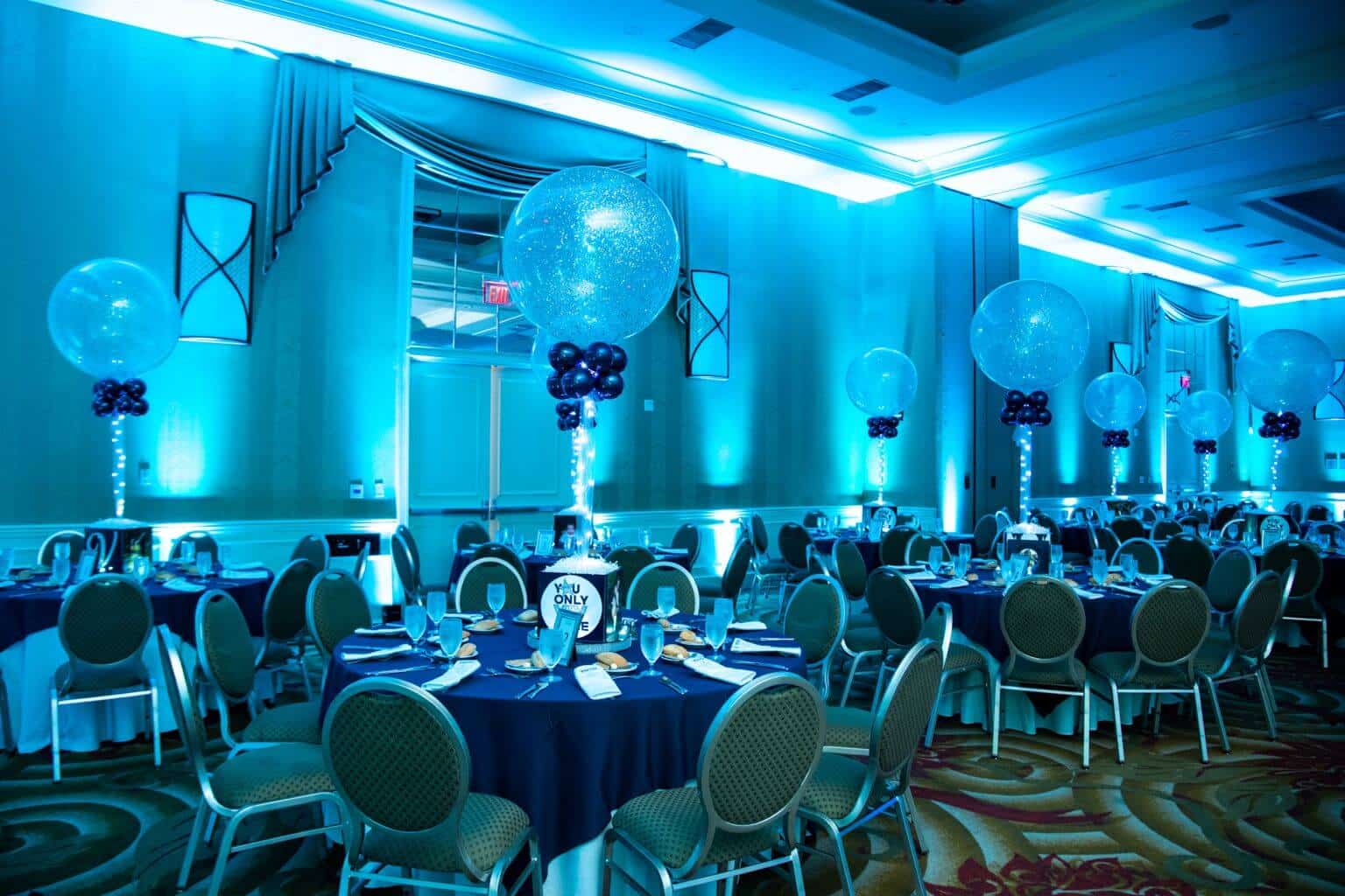 Navy and Silver Sparkle Balloon Centerpieces with Custom Photo Cube Base at The Doubletree Hotel, Tarrytown