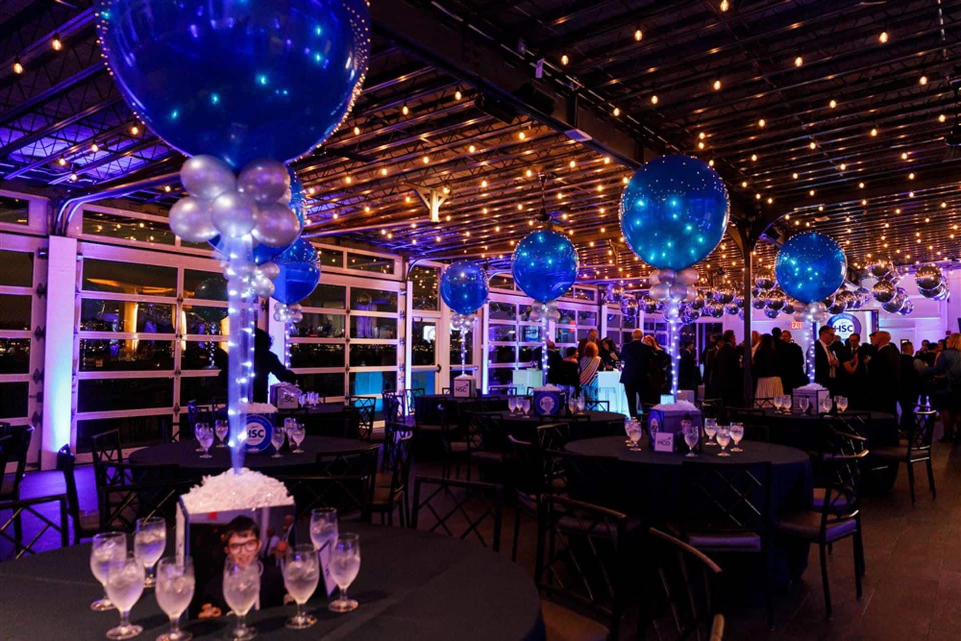 Custom Cubes with Logo and Photos and LED Balloons for Travel Themed Bar Mitzvah at Sunset Terrace