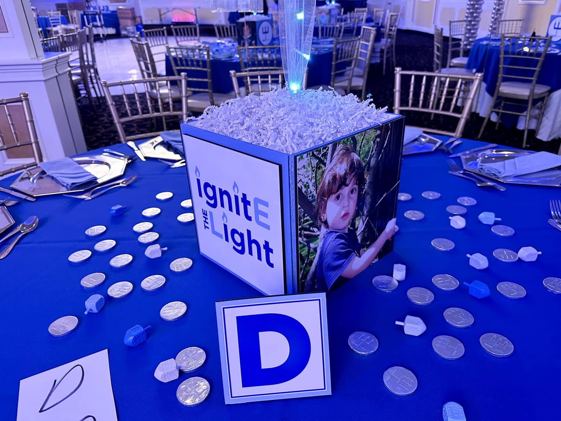 Chanukkah Themed Bar Mitzvah Cube Centerpieces with Custom Logo and Photos