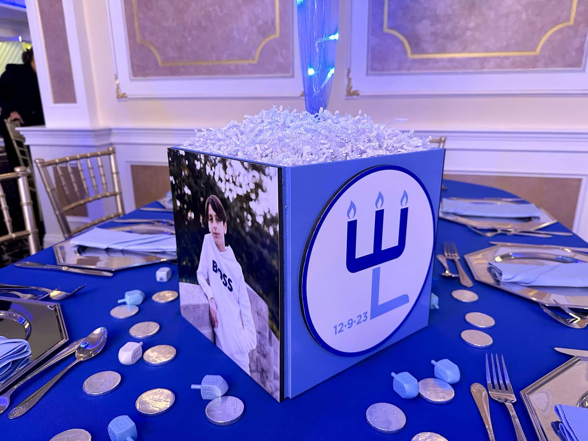 Chanukkah Themed Bar Mitzvah Cube Centerpieces with Custom Logo and Photos