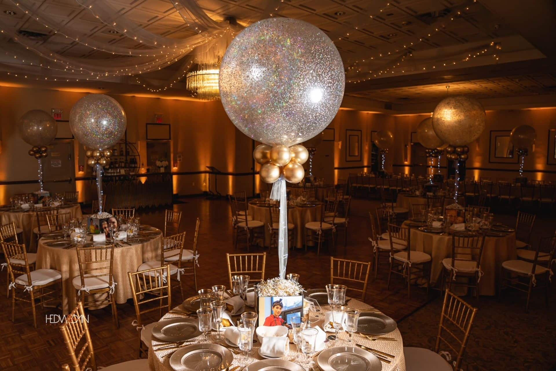 Gold and SilverLED Sparkle Balloon with Custom Photo Cube Base