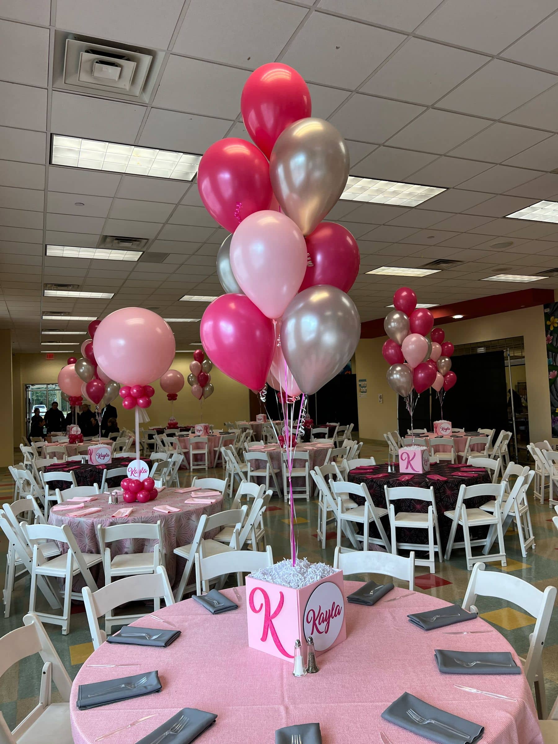 Shades of Pink Balloon Centerpieces with Custom Logo and Glittered Logo Cube