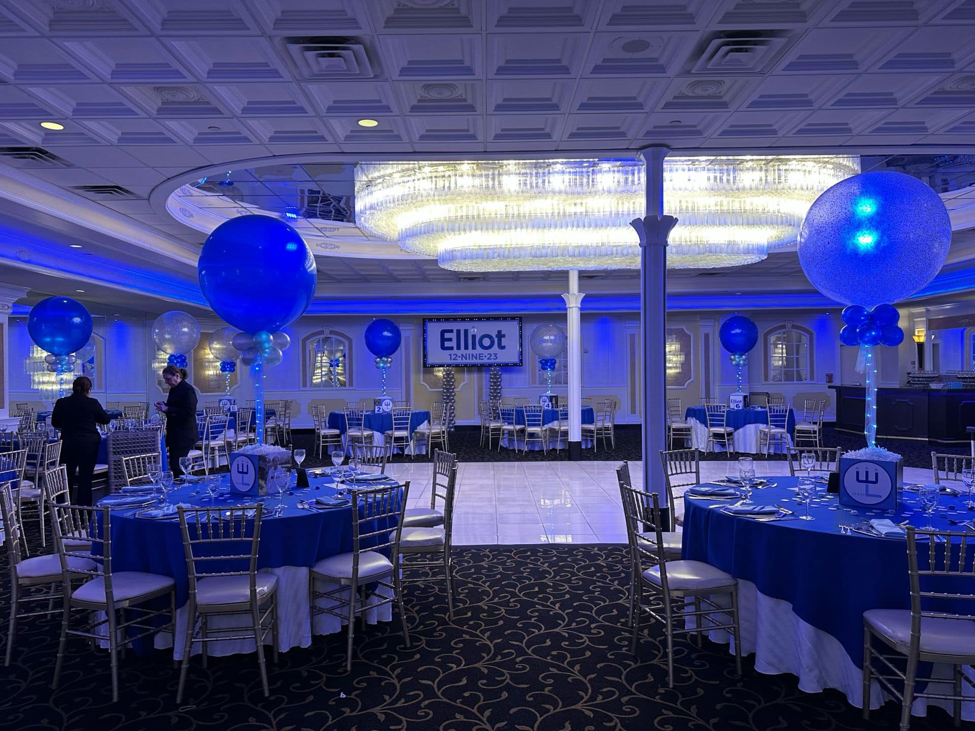 Chanukkah Themed Bar Mitzvah Centerpieces with Custom Logo and Photo Cubes at Richfield Regency