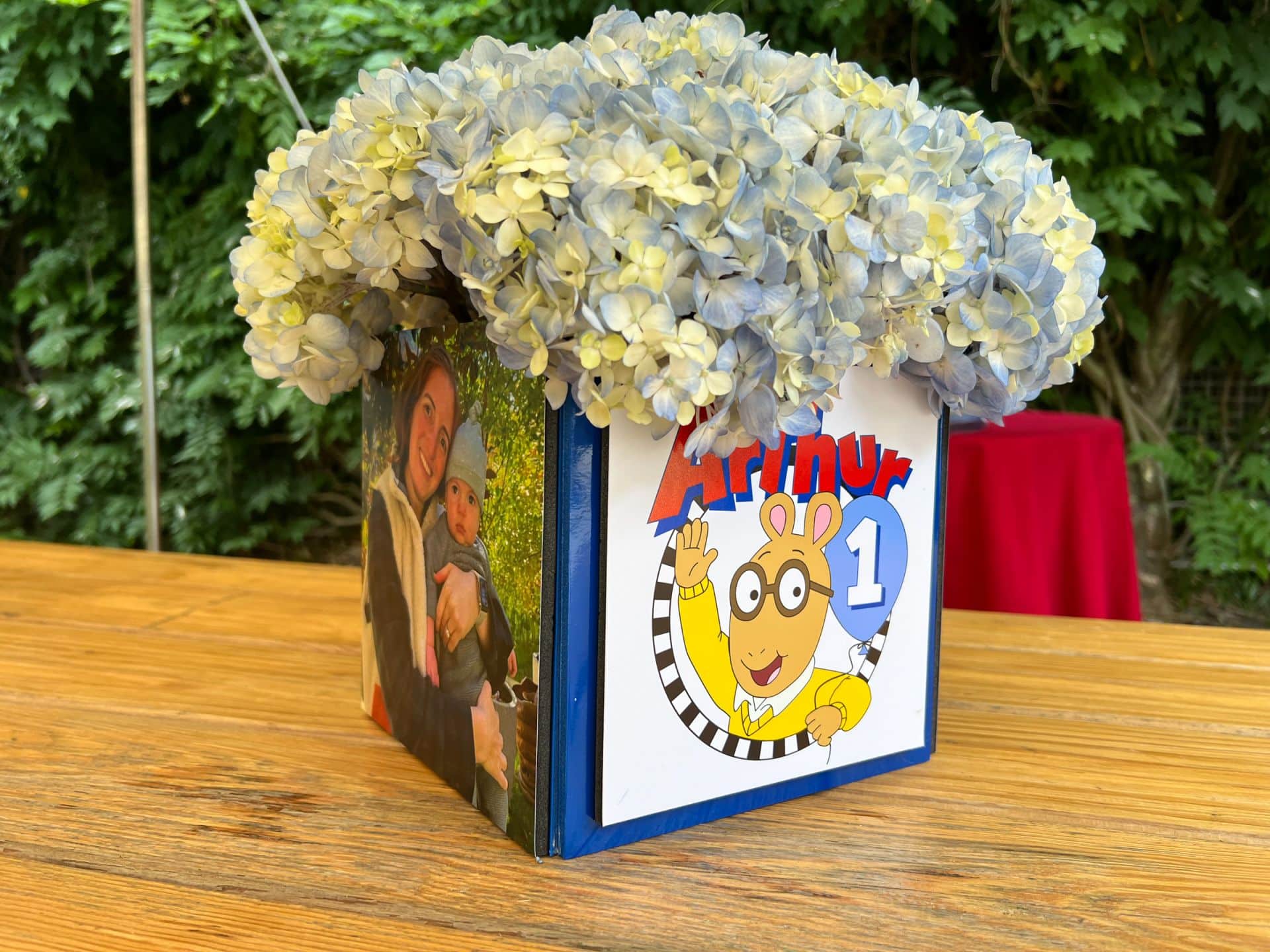 Arthur Themed Photo Cube Centerpiece with Custom Logo and Hydrangeas
