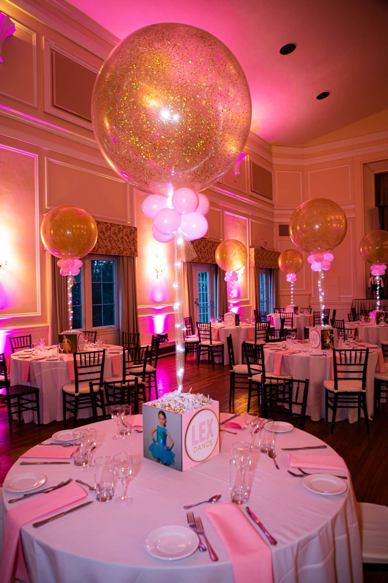 Pink and Gold LED Sparkle Balloon Centerpiece with Logo and Photo Cube Base