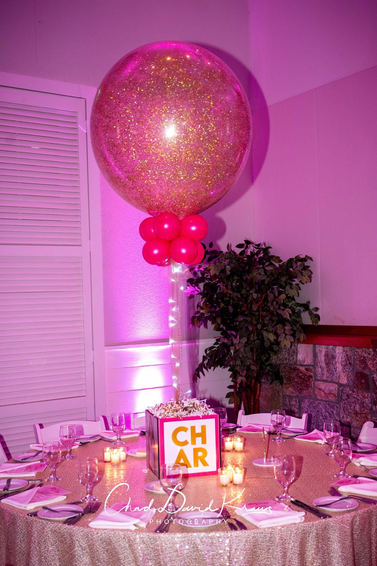 Custom Photo Cube with Logo and 3ft LED Pink Sparkle Balloon