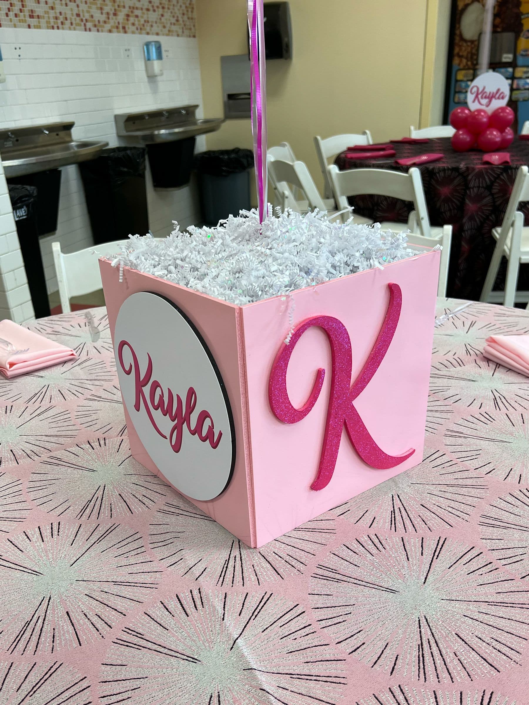 Shades of Pink Cube Centerpiece with Custom Logo and Glittered Initial