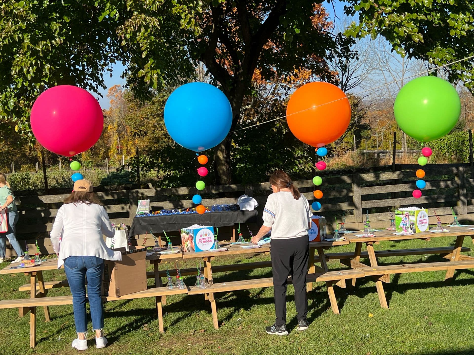 Science Themed Photo Cube Centerpiece with Custom Logo and 3' Balloons with Bubbles