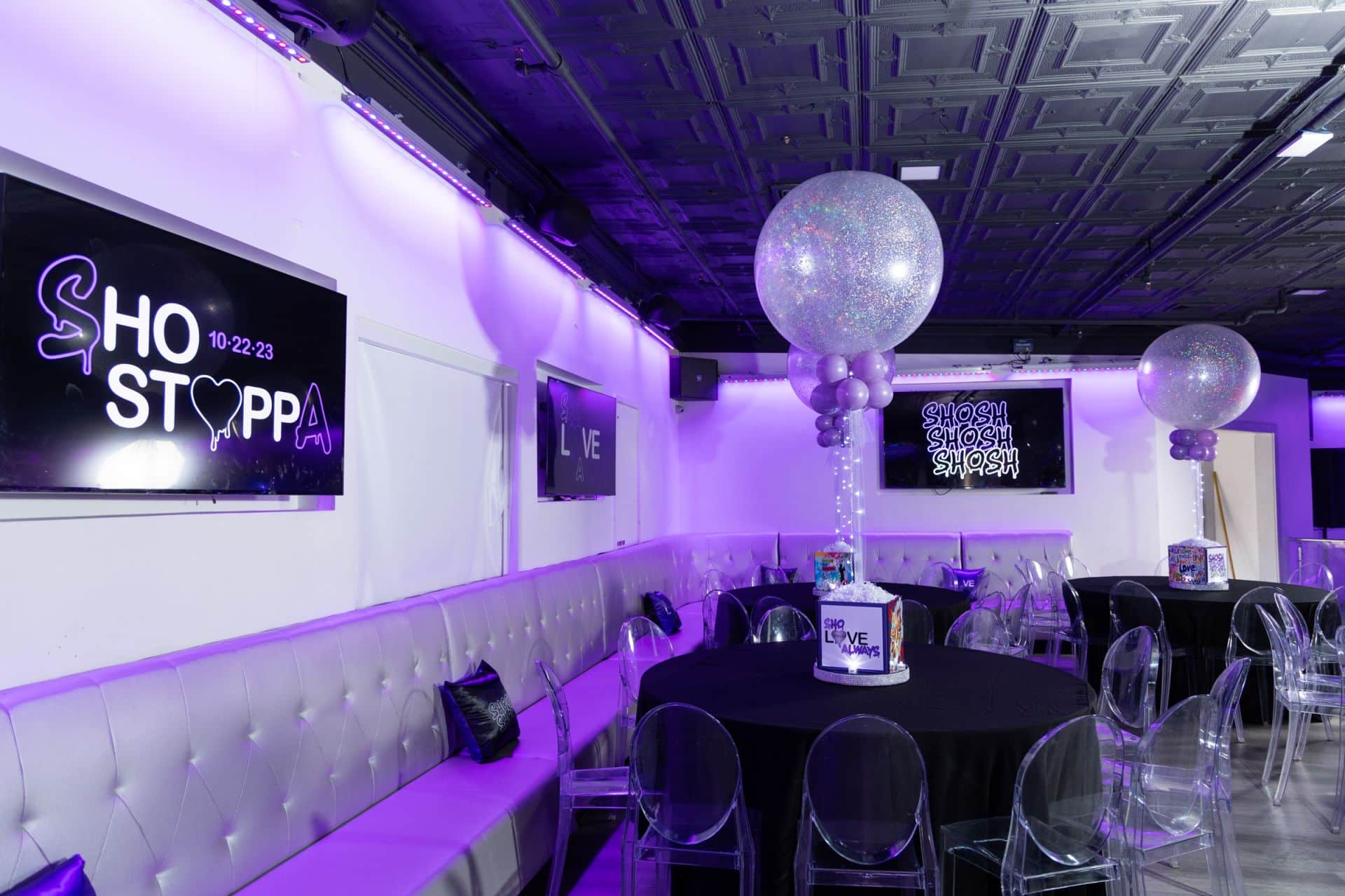 Silver and Lavender Sparkle Balloon Centerpiece with Custom Logo and Art Cubes at Rain Event Space, Teaneck