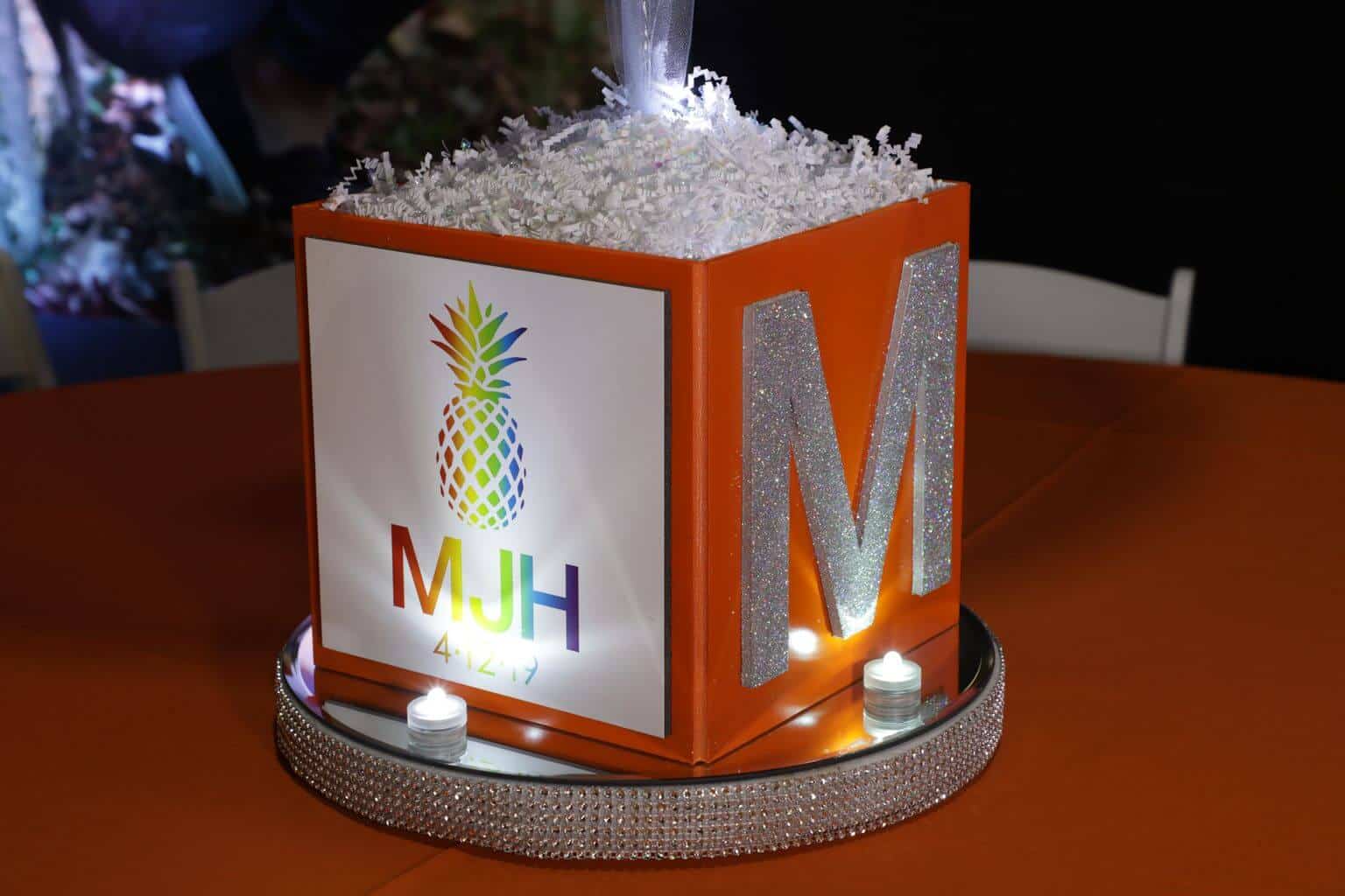 Rainbow Themed Bat Mitzvah Cube with Custom Logo and Glittered Initial