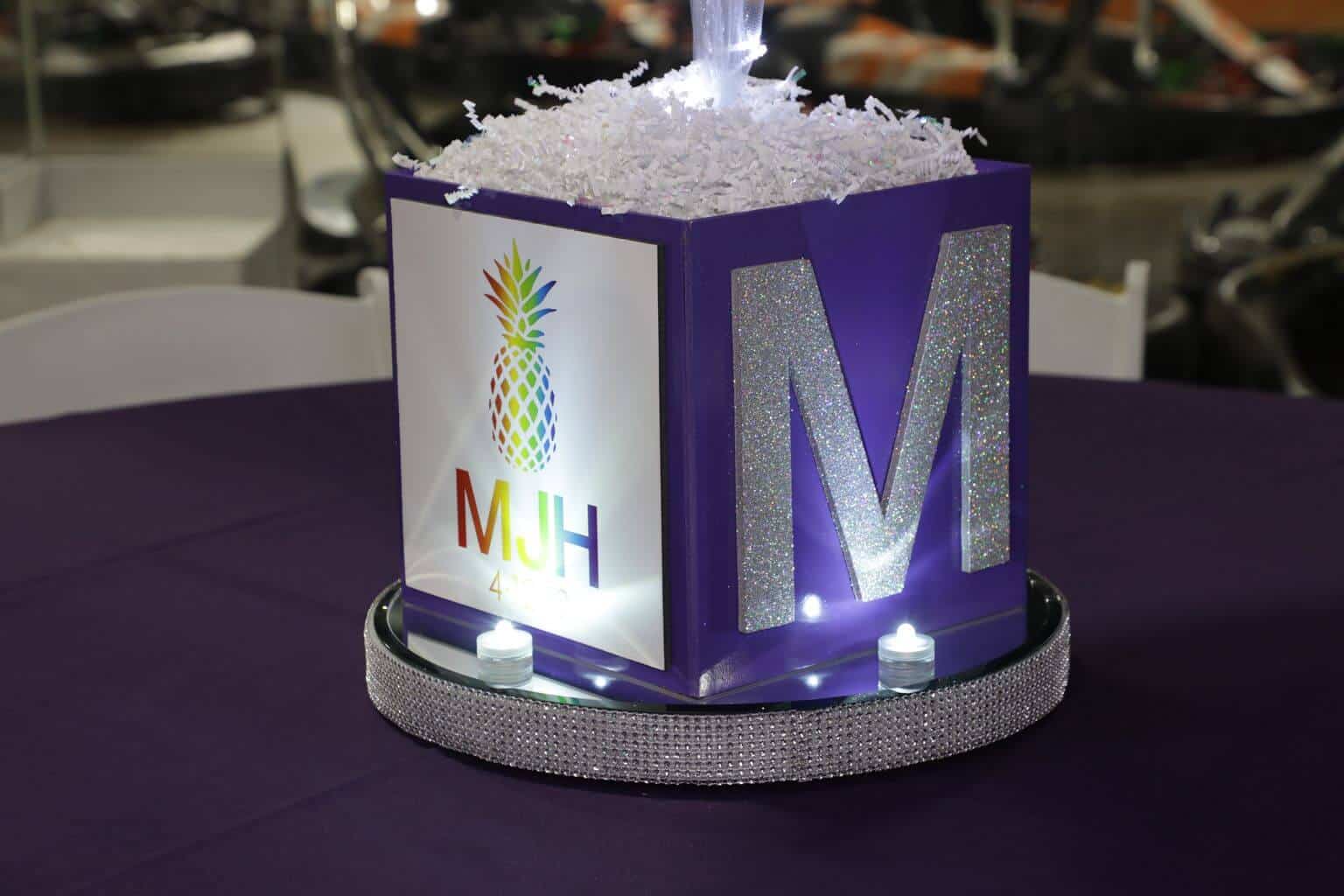Rainbow Themed Bat Mitzvah Cube with Custom Logo and Glittered Initial