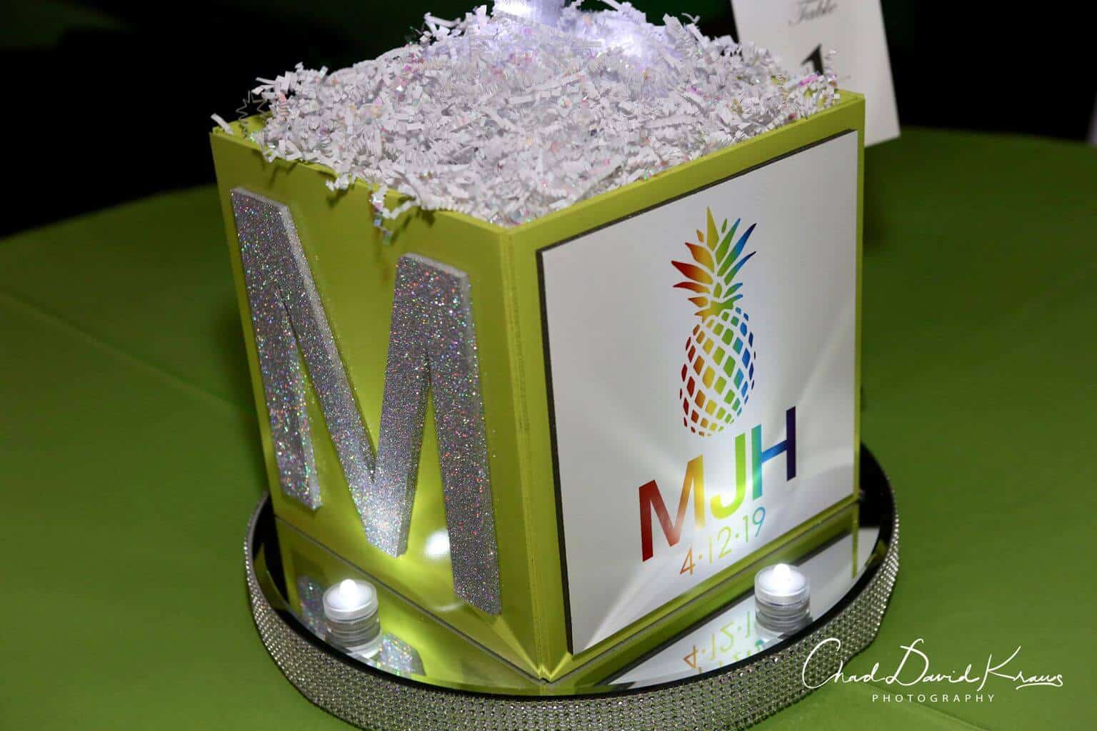 Rainbow Themed Bat Mitzvah Cube with Custom Logo and Glittered Initial
