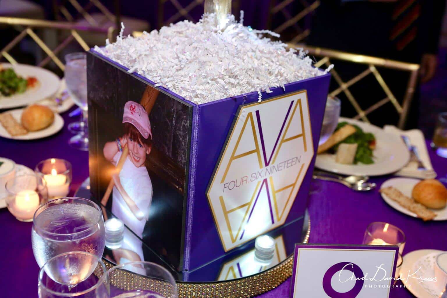 Custom Bat Mitzvah Photo Cube Centerpiece with Logo and Bling Base