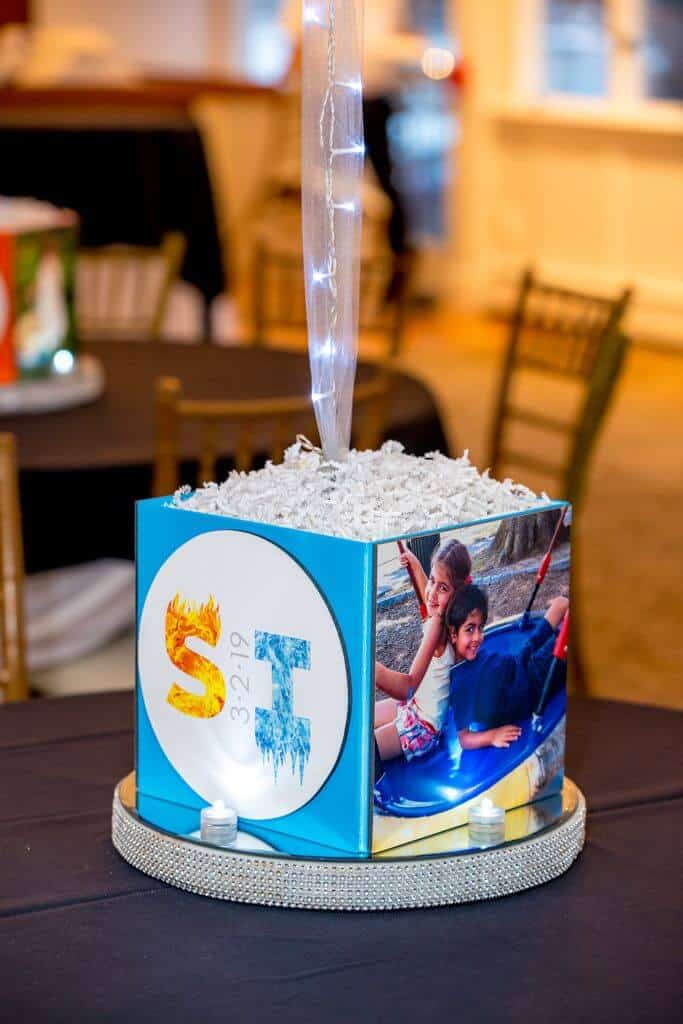 Fire and Ice Themed Photo Cube Centerpiece with Custom Logo and LED Bling Base