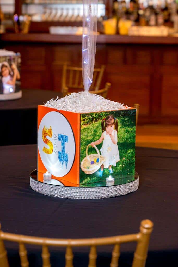 Fire and Ice Themed Photo Cube Centerpiece with Custom Logo and LED Bling Base