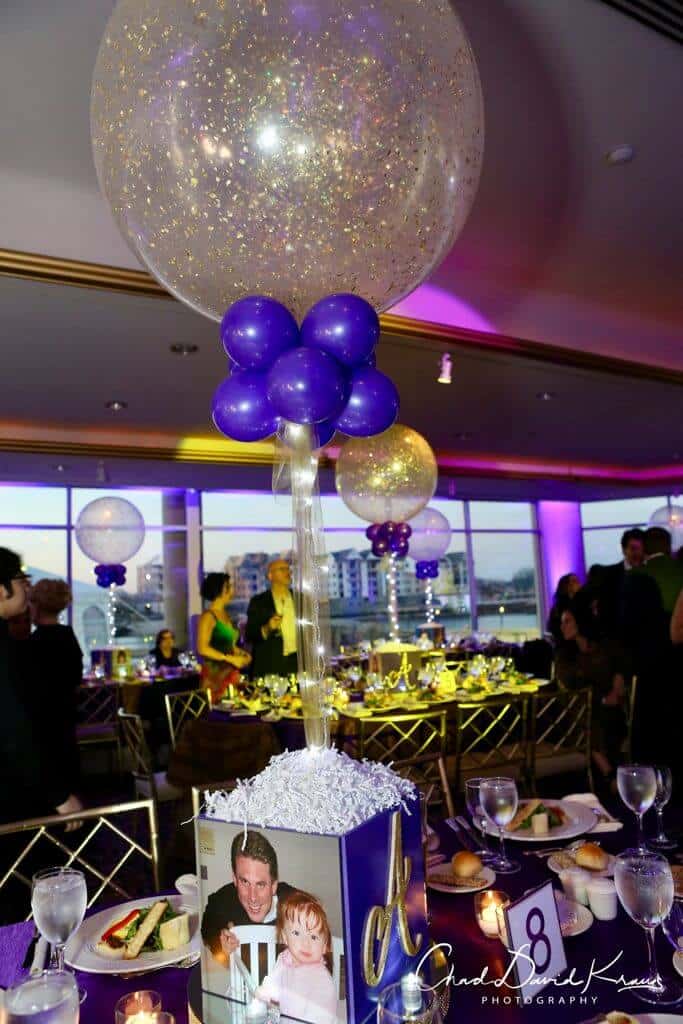 Purple and Gold Sparkle Balloon Centerpiece with Photo Cube Base